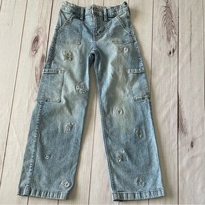 abercrombie kids faded blue embroidered cargo jeans